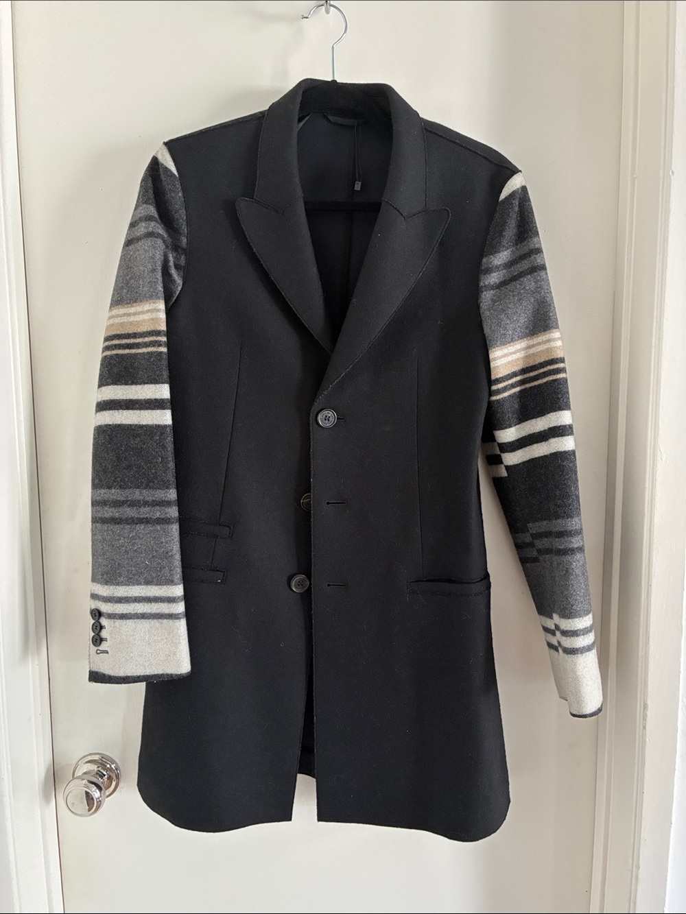 Neil Barrett slim fit Wool Blend Black Coat with Striped Grey Sleeves size 44
